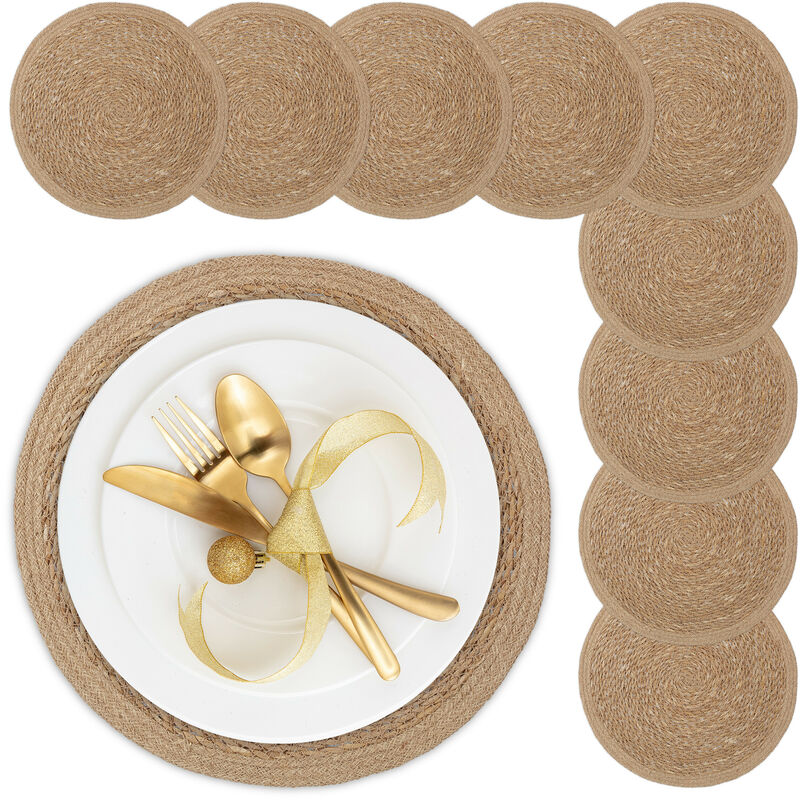 foto del prodotto relaxdays tovagliette sottopiatto in giacinto d acqua, set da 10, 37 cm, placemat americane, sottopentola, naturale