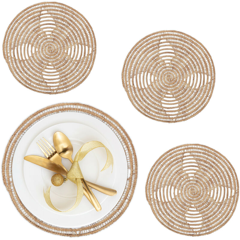 foto del prodotto relaxdays tovagliette sottopiatto in palma intrecciata, 35 cm, set da 4 placemat americane, sottopentola, naturale