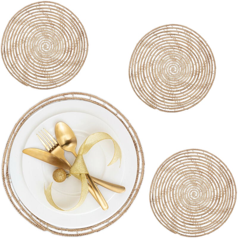 foto del prodotto relaxdays tovagliette sottopiatto in palma intrecciata, 35 cm, set da 4 placemat americane, sottopentola, naturale