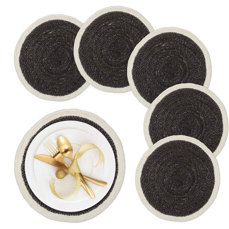 foto del prodotto relaxdays tovagliette sottopiatto in seagrass, set da 6, 37cm, placemat americane da tavolo, sottopentola, nero bianco