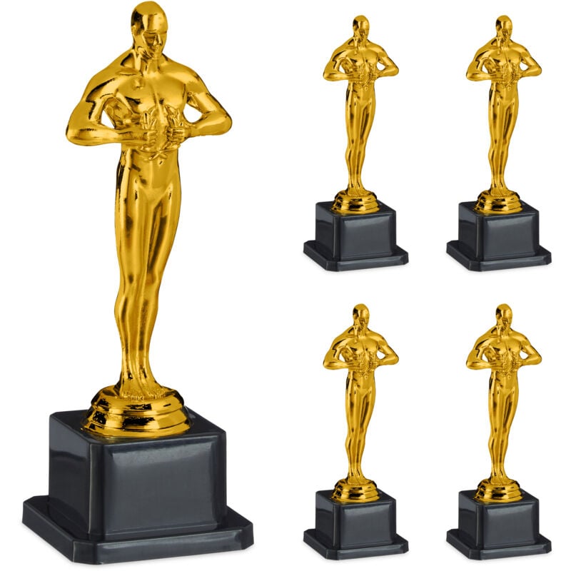 foto del prodotto relaxdays trofei replica statuette oscar in plastica, set 5 premi vincitore, statua regalo per feste tema hollywood, oro