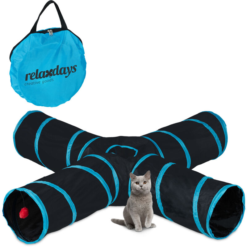 foto del prodotto relaxdays tunnel per gatti, hlp 25x130x125 cm, tubo a 4 vie, cat toy anche per conigli e porcellini d india, nero blu