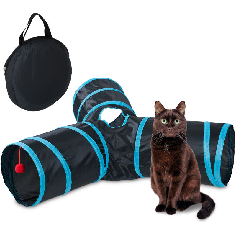 foto del prodotto relaxdays tunnel per gatti, hlp 25x92x85 cm, tubo pop up a 3 vie, cat pet toys, gioco per conigli, in nylon, colorato