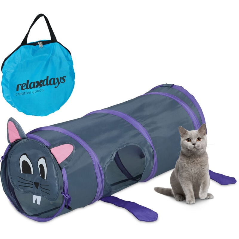 foto del prodotto relaxdays tunnel per gatti, lxd 63 x 26 cm, tubo pop up, cat pet toys anche per conigli nani, design topo, multicolore