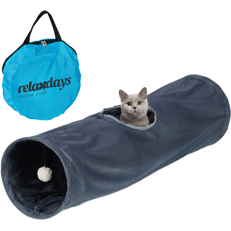 foto del prodotto relaxdays tunnel per gatti, lxd 88x25 cm, tubo pop up, cat pet toys con pallina, conigli e porcellini d india, grigio