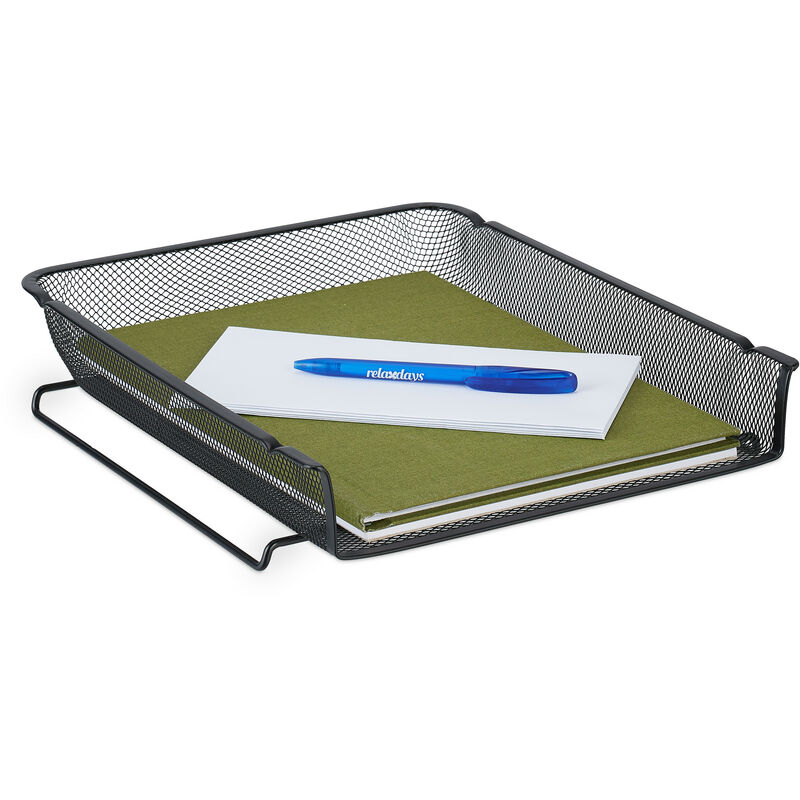 foto del prodotto relaxdays vaschetta portadocumenti, design a rete, portalettere per ufficio, acciaio, impilabile, 6,5x28,5x34 cm, nero