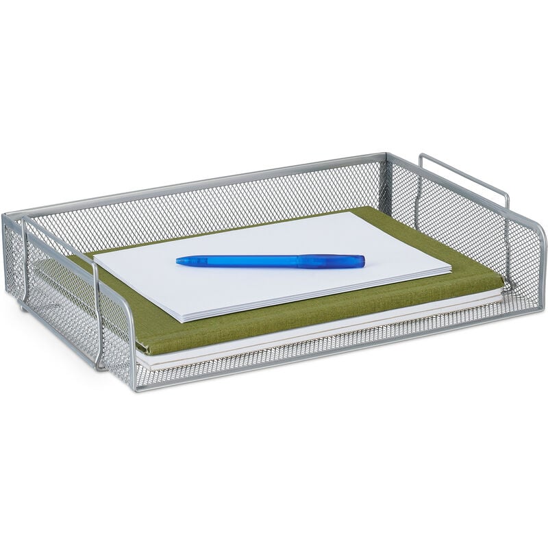 foto del prodotto relaxdays vaschetta portadocumenti, design a rete, portalettere per ufficio, acciaio, impilabile, 8,5x36x25 cm, argento