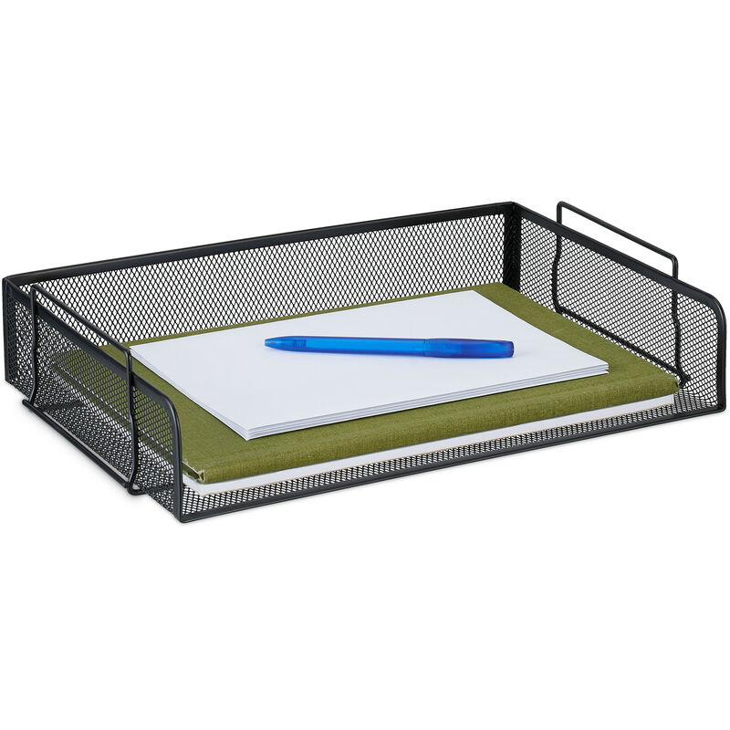 foto del prodotto relaxdays vaschetta portadocumenti, design a rete, portalettere per ufficio, in acciaio, impilabile, 8,5x36x25 cm, nero