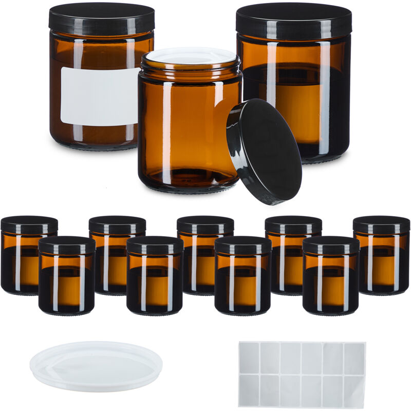 foto del prodotto relaxdays vasetti di vetro per creme e cosmetici, 12 contenitori vuoti 240 ml, etichette, barattoli da viaggio, marrone