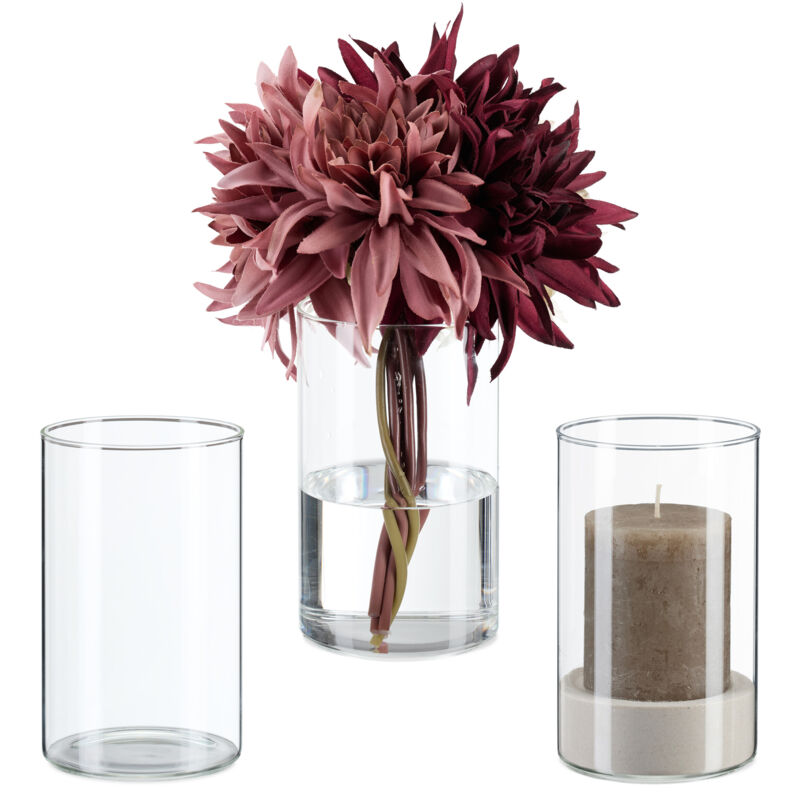 foto del prodotto relaxdays vasi in vetro decorativi, set 3 vasetti fiori e candele da interno, hxd 15x9,5 cm, centrotavola, trasparente