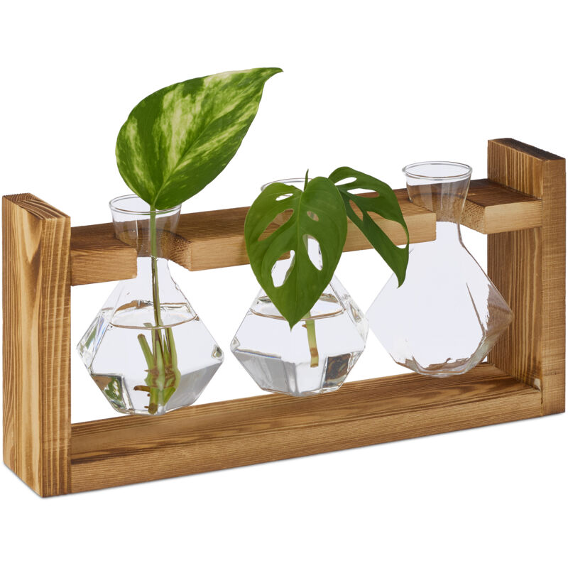 foto del prodotto relaxdays vasi vetro decorativi, set 3 vasetti per fiori ad ampolla geometrica, 13x28x6,5 cm, supporto in legno naturale