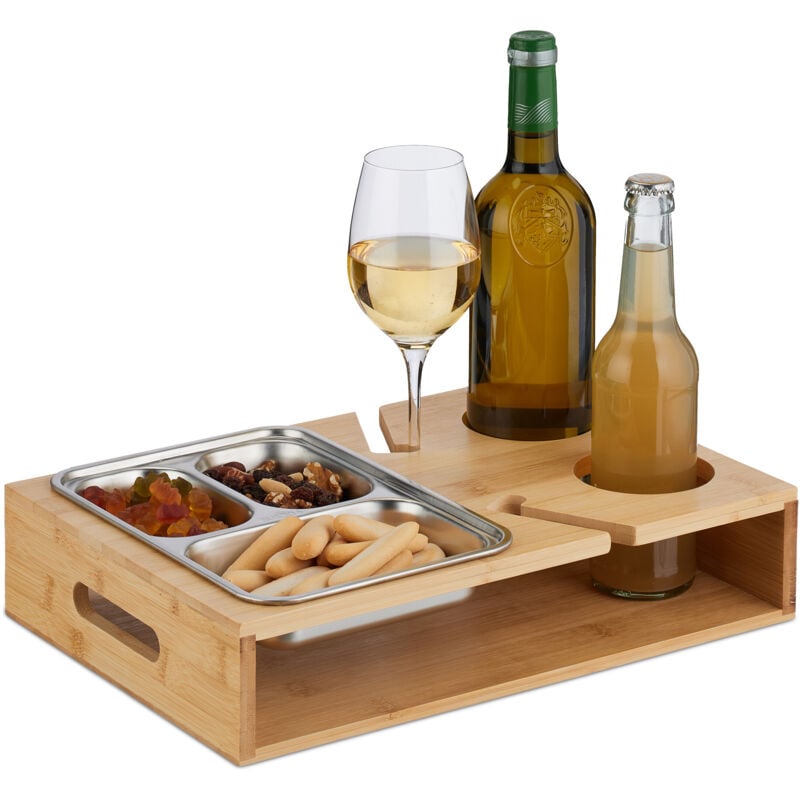 foto del prodotto relaxdays vassoio da divano, couch bar 3in1, ciotole in acciaio per snack, porta bevande e portacalici, marrone argento