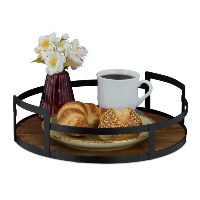 foto del prodotto relaxdays vassoio da portata in legno con manici e bordo in ferro, piatto servizio rotondo hxd 8,5x30,5 cm, marrone nero
