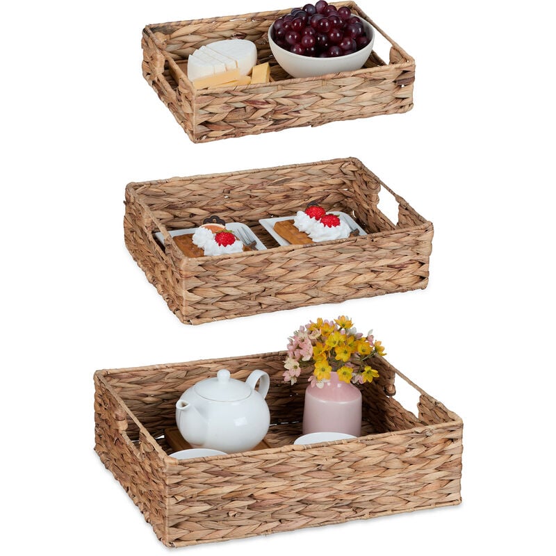 foto del prodotto relaxdays vassoio in giacinto d acqua, set da 3, centrotavola svuotatasche intrecciato, 3 misure, rettangolare, naturale