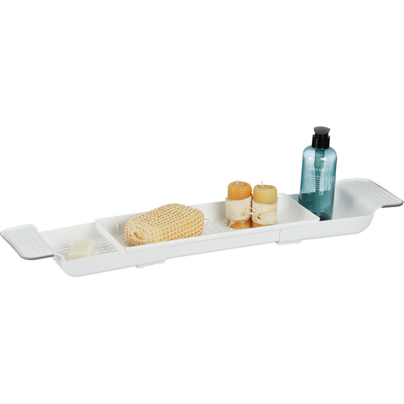 foto del prodotto relaxdays vassoio per la vasca da bagno, allungabile 55,5 78 cm, plastica, ripiano fori per drenaggio dell acqua, bianco