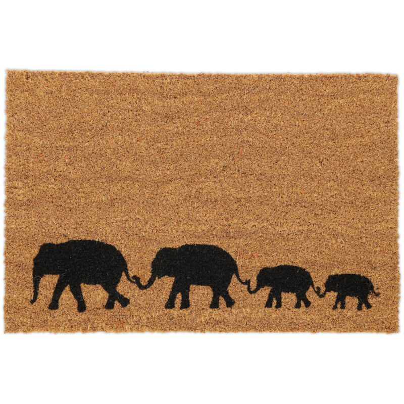 foto del prodotto relaxdays zerbino in fibra di cocco, 60x40cm, tappetino antiscivolo, ingresso esterno e interno, elefanti, naturale nero