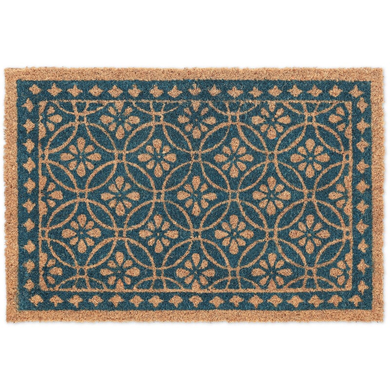 foto del prodotto relaxdays zerbino in fibre di cocco, tappetino con motivi floreali, 60 x 40 cm, interni ed esterni, blu marrone naturale