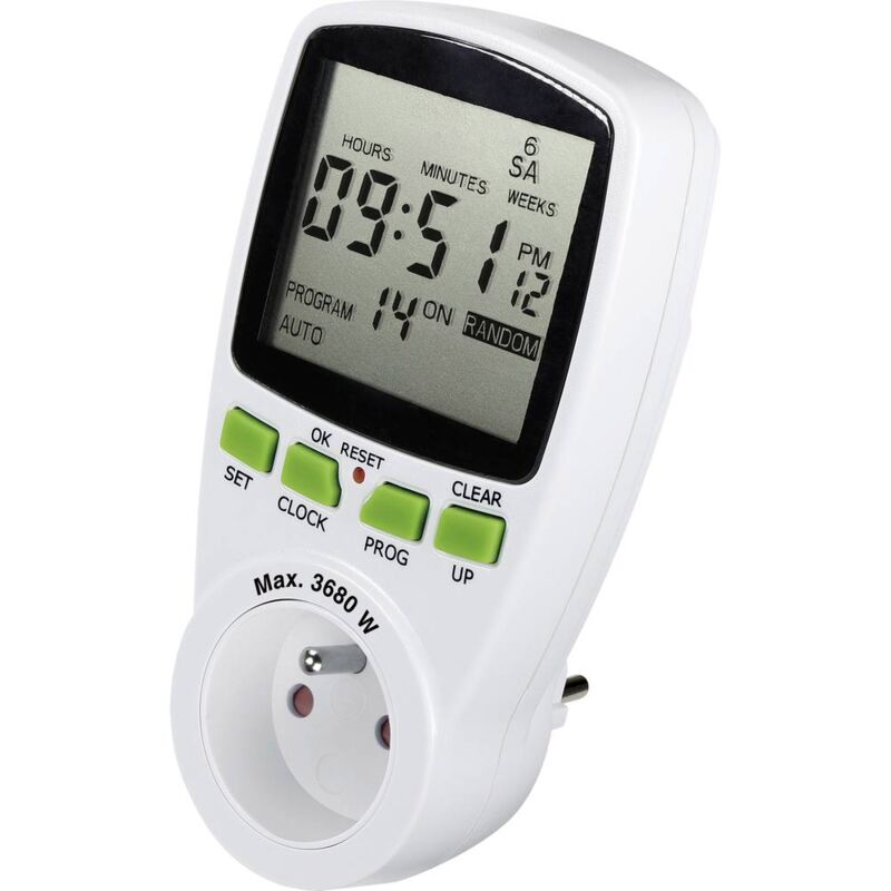 foto del prodotto renkforce 1289404 timer a spina analogico digitale settimanale 3680 w ip20 funzione di conto alla rovescia, funzione ra