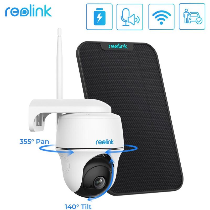 foto del prodotto reolink telecamera wi fi da esterno senza fili batteria, argus pt 4 mp videocamere di sorveglianza con pannello solare, cloud, 360 ptz, visione