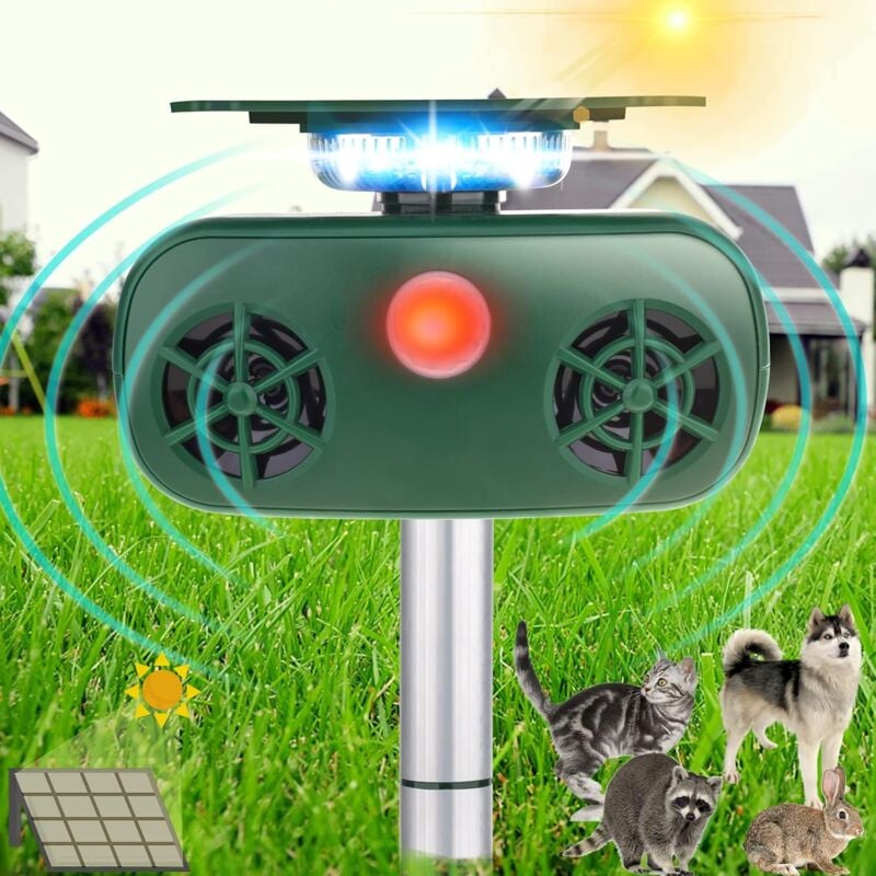 foto del prodotto repellente per animali solare, repellente per parassiti ad ultrasuoni impermeabile con flash attivato dal movimento, allarme con luce led, cane,