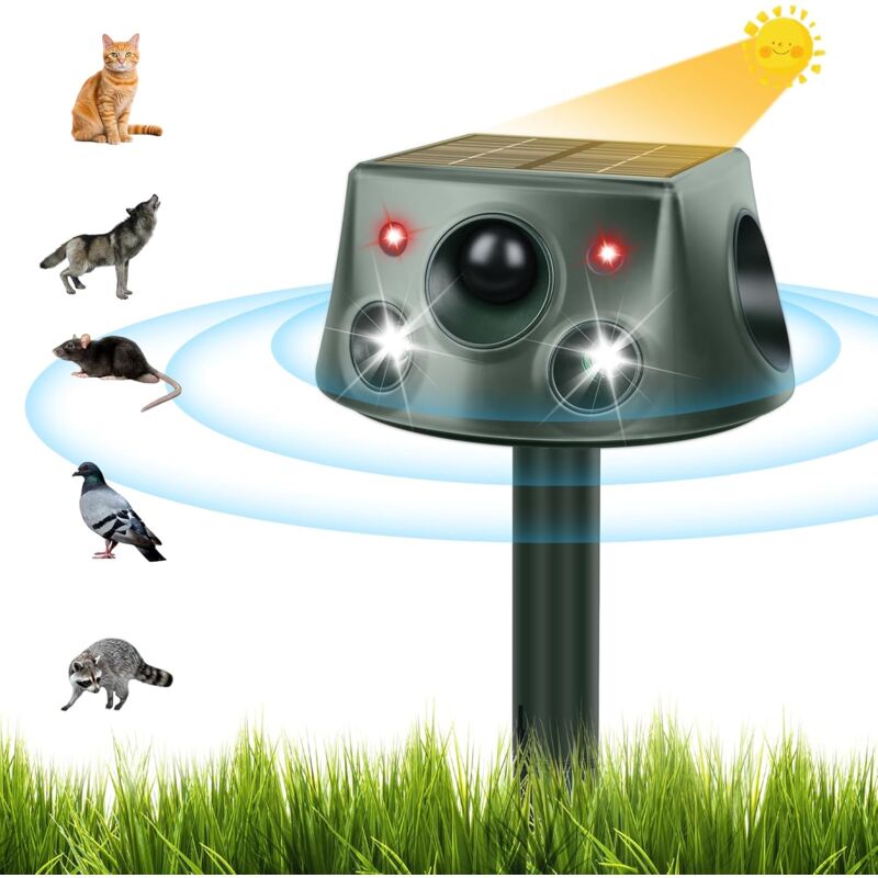 foto del prodotto repellente per gatti da esterno, repellente per gatti ad ultrasuoni, 6 modalit regolabili, ricarica solare e usb, impermeabile ip66 con luce led,