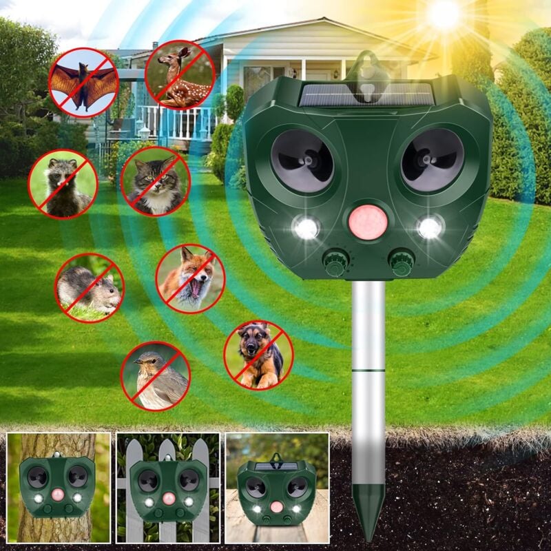 foto del prodotto repellente per gatti, repellente per puzzole da esterno, repellente per cani, procioni e scoiattoli, repellente solare per animali, repellente ultrasonico impermeabile per esterni con sensore di movim