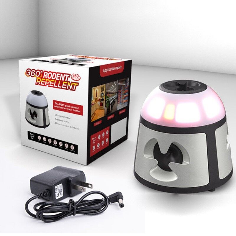 foto del prodotto repellente per topi e ratti a ultrasuoni, repellente per topi a 360 con luce led, dispositivo a ultrasuoni per roditori, dispositivo di controllo