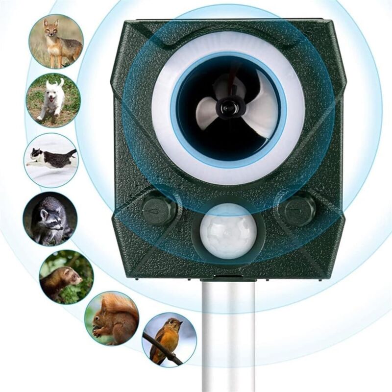 foto del prodotto repellente solare ad ultrasuoni per parassiti per giardino esterno, repellente per topi, allontana gli animali, sensore pir, uccelli, gatti, cani,