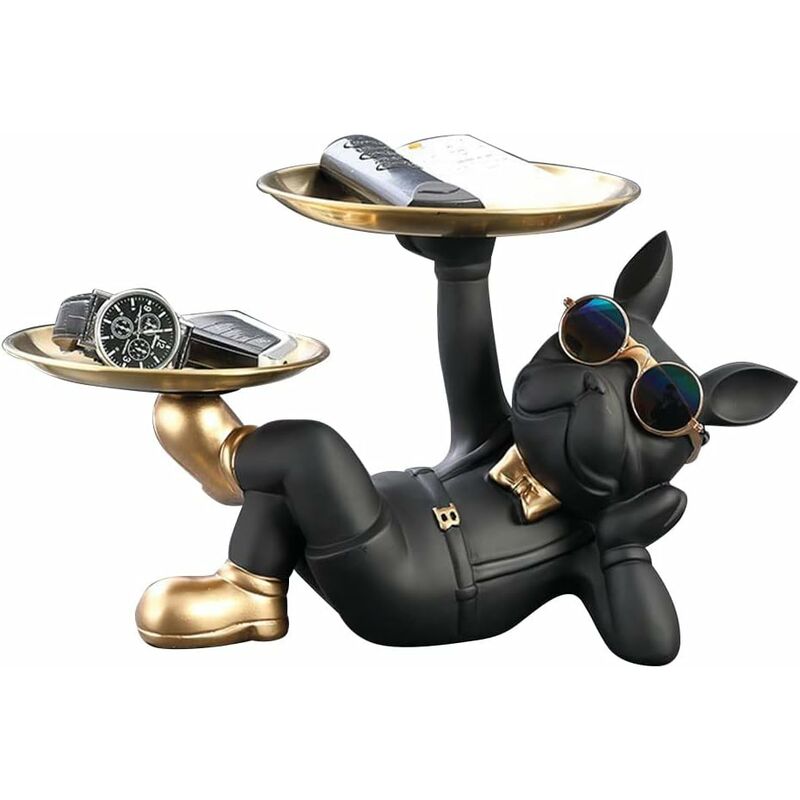 foto del prodotto resina ornamenti statua bulldog francese fondo antiscivolo, con 2 vassoi statue multifunzione ornamento per contenitore chiave candy organizer
