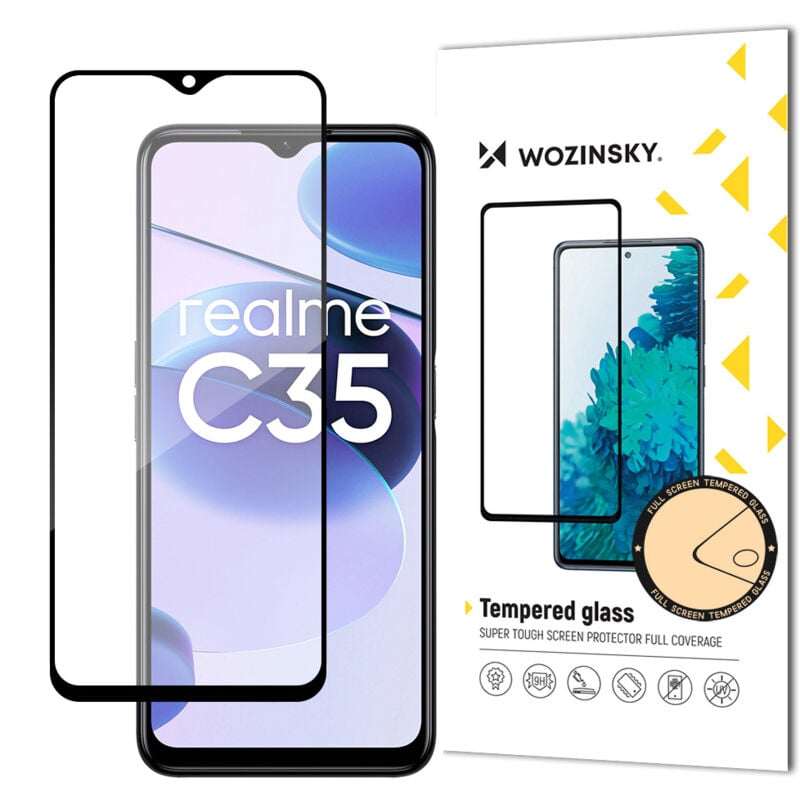 foto del prodotto resistente vetro temperato 9h per l'intero schermo di realme c35 con cornice case friendly nera