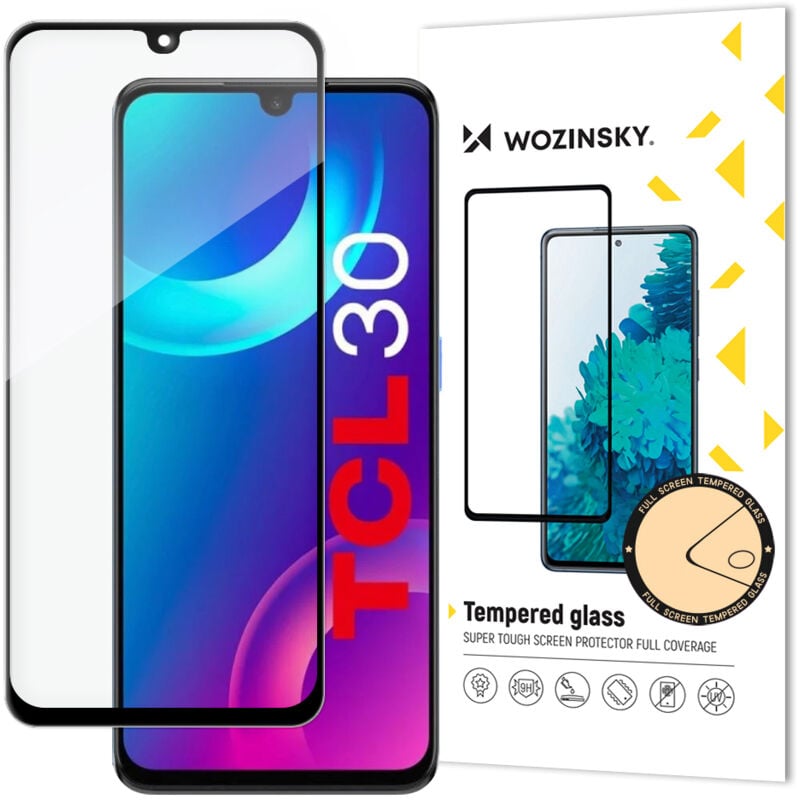 foto del prodotto resistente vetro temperato 9h per l'intero schermo tcl 30 con cornice nera case friendly