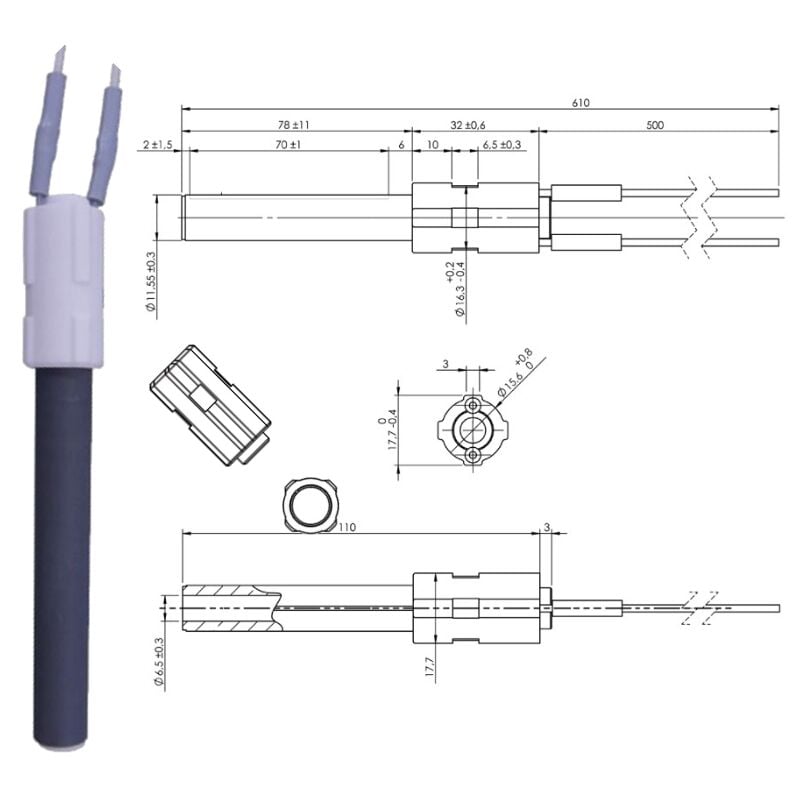 foto del prodotto resistenza accensione stufe a pellet in ceramica flangia l.113mm 260w palazzetti