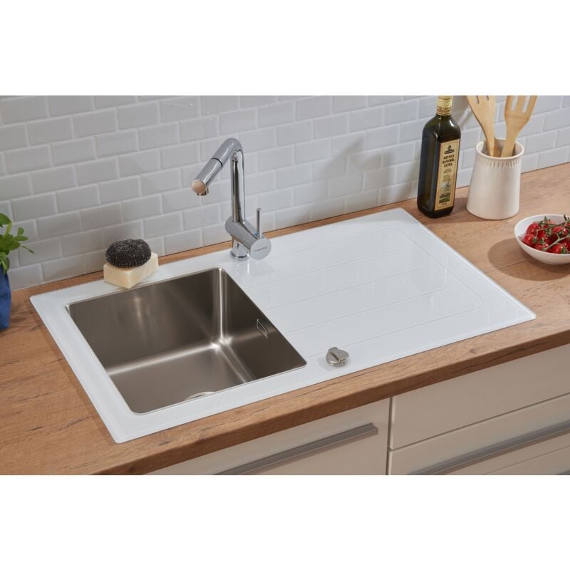 foto del prodotto respekta lavello da cucina lavello da incasso in vetro lavello in acciaio inox 86 x 50 bianco new york
