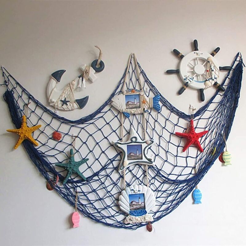 foto del prodotto rete da pesca decorativa, stile spiaggia e costiero, decorazione murale a forma di conchiglia, decorazione per porte in stile mediterraneo, adesivi