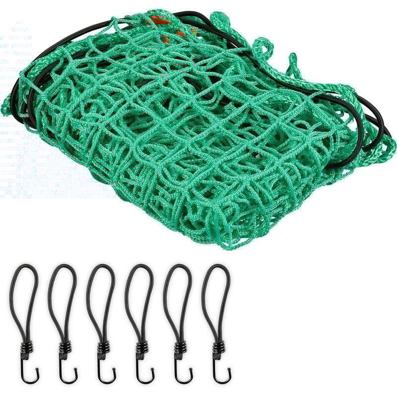 foto del prodotto rete di copertura per rimorchio, 1,5 x 2,2 m, 6 ganci, segni per gli angoli, corda in gomma elastica, verde relaxdays