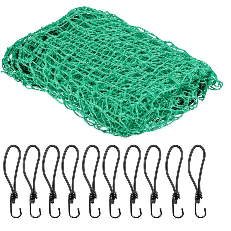 foto del prodotto rete di copertura per rimorchio, 2,5 x 3,5 m, 10 ganci, segni per gli angoli, corda in gomma elastica, verde relaxdays