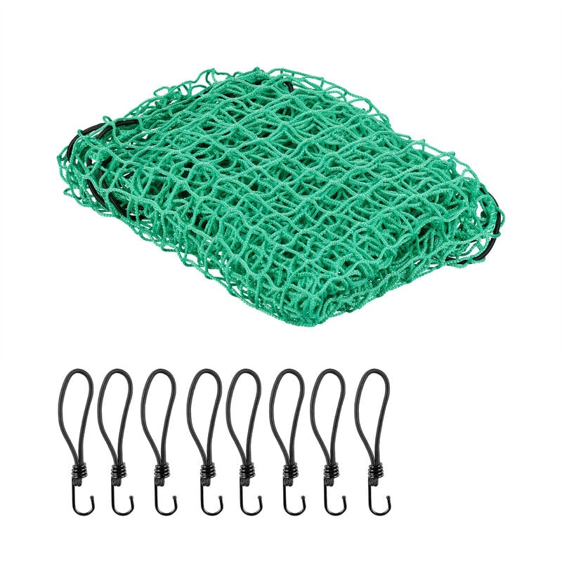 foto del prodotto rete di copertura per rimorchio, 2 x 3 m, 8 ganci, segni per gli angoli, corda in gomma elastica, verde relaxdays