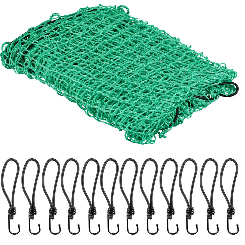 foto del prodotto rete di copertura per rimorchio, 3 x 4 m, con 12 ganci, segni per gli angoli, corda in gomma elastica, verde relaxdays