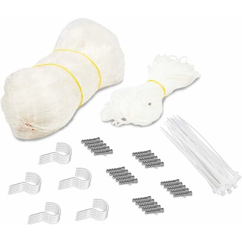 foto del prodotto rete di protezione per gatti senza foratura. rete di sicurezza trasparente per gatti. include ganci, picchetti, corda completa e istruzioni per il