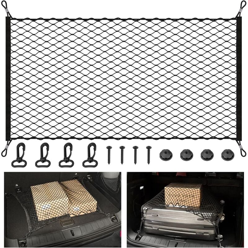 foto del prodotto rete per bagagliaio per auto, rete per bagagliaio per auto con 4 ganci, bagagli fissi in nylon elastico flessibile, adatta per la maggior parte dei
