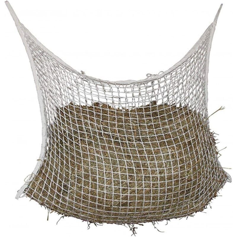 foto del prodotto rete per fieno in nylon intrecciato per tutto il giorno per cavalli e pecore che mangiano lentamente dimensioni 120 x 90 cm