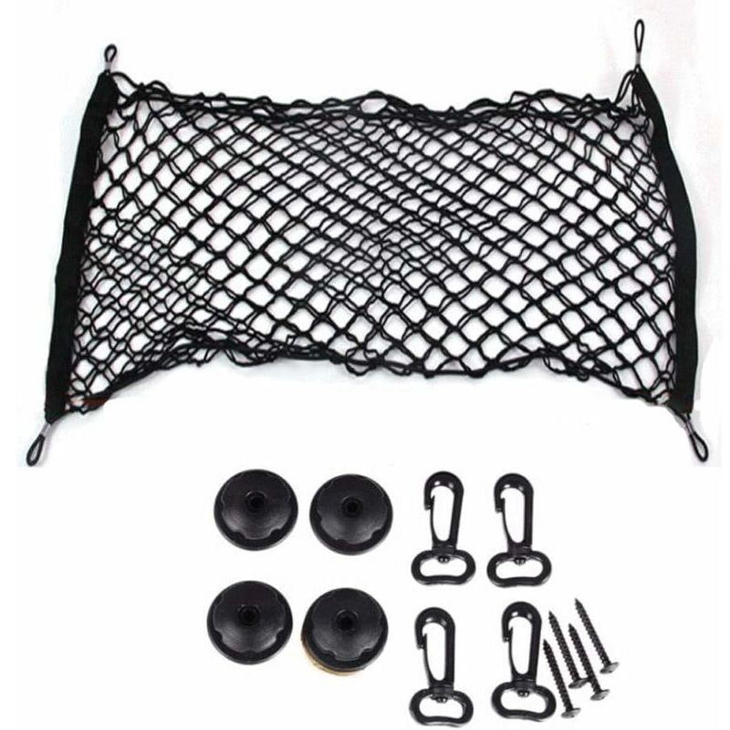 foto del prodotto rete portaoggetti per bagagliaio auto, grande dimensione 90x40 cm fissaggio bagagli in nylon elastico flessibile, organizer portaoggetti con viti e