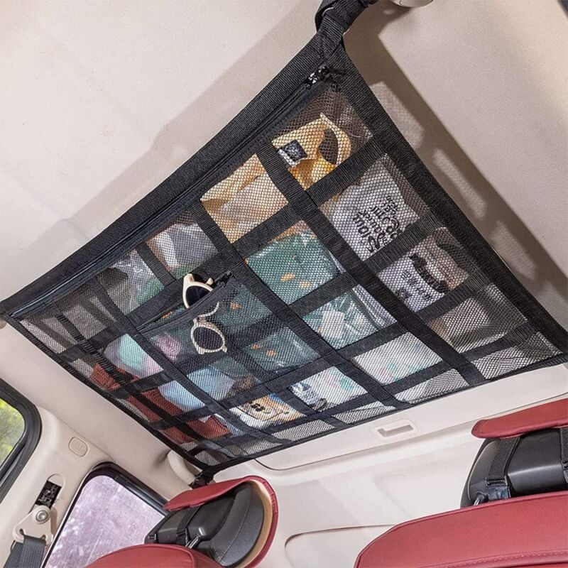 foto del prodotto rete portaoggetti per tetto auto, borsa organizer per auto, borsa universale in rete per interni tetto auto, rete elastica, per tetto auto suv, nero