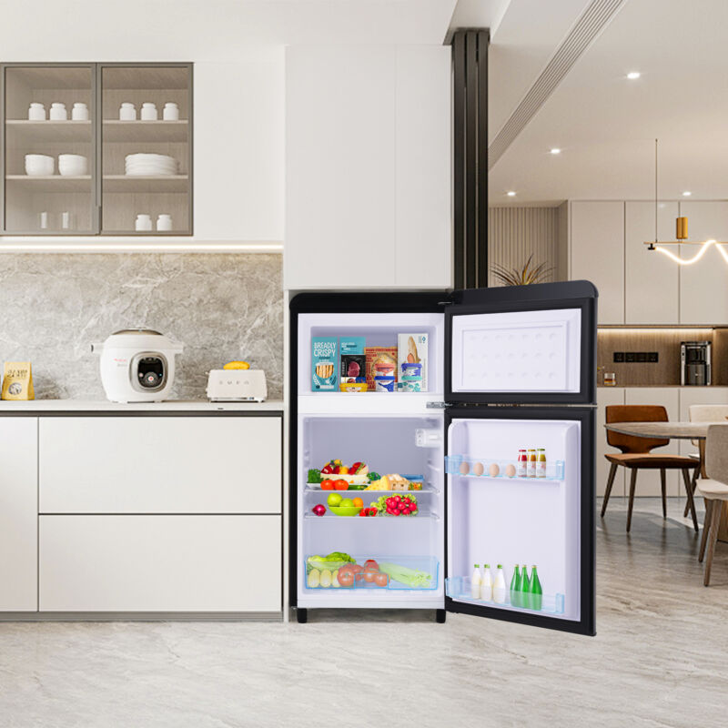 foto del prodotto retro k hlschrank, doppelt rk hlschrank oben und unten, gesamtvolumen 72 liter, davon gefriervolumen 21 liter, 120 kwh jahr, led beleuchtung. in