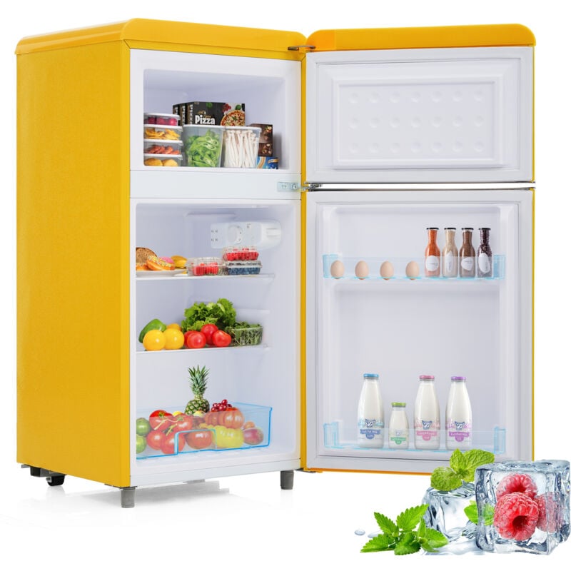 foto del prodotto retro k hlschrank, doppelt rk hlschrank oben und unten, gesamtvolumen 72 liter, davon gefriervolumen 21 liter, 120 kwh jahr, led beleuchtung. in