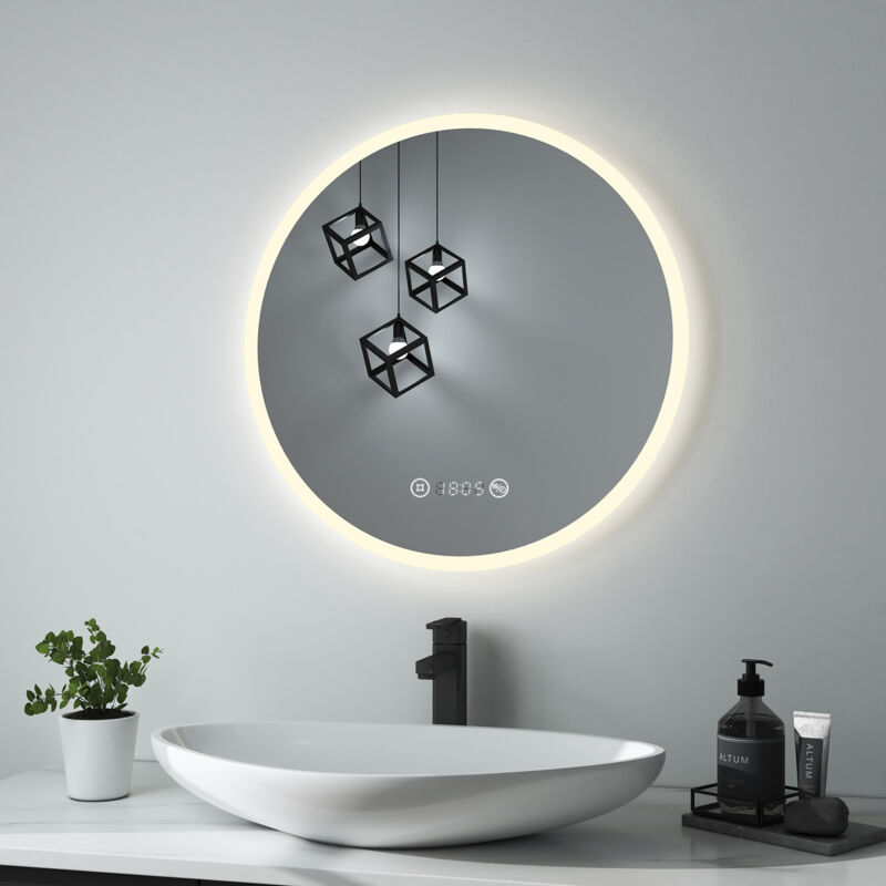 foto del prodotto retroilluminato rotondo led specchio antiappanamento impermeabile ip44 bluetooth e luce regolabile, luce naturale 4300k, diametro 60cm heilmetz