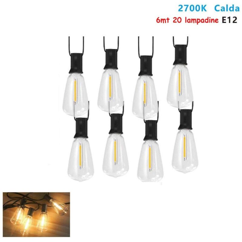 foto del prodotto rg catenaria catena luminosa 6mt con 20 lampadine e12 esterno luce calda 2700k