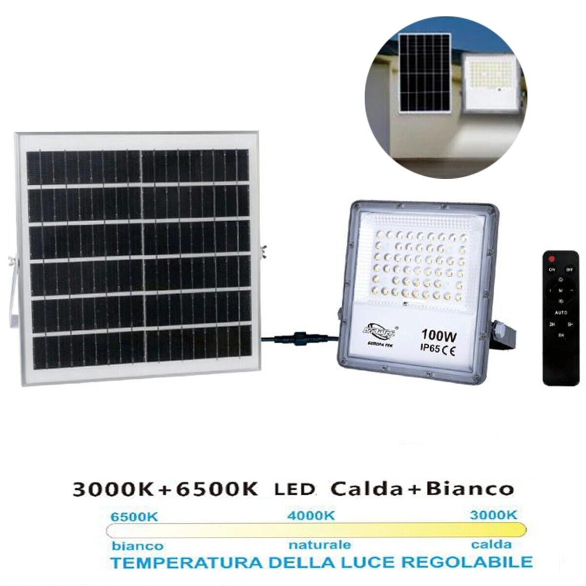 foto del prodotto rg faro led faretto pannello solare crepuscolare telecomando da 3000k a 6500k 100w