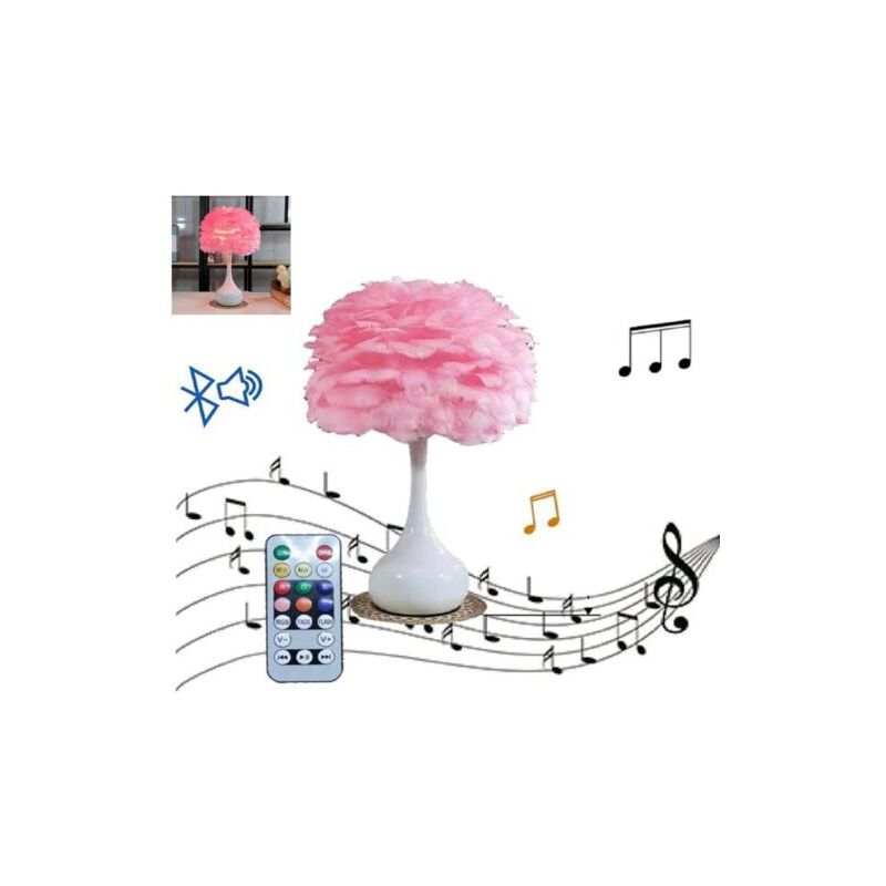 foto del prodotto rg lampada led bw con piume rosa tavolo comodino bluetooth telecomando musica
