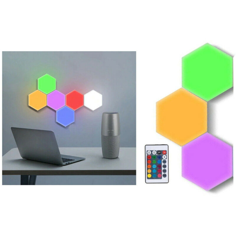 foto del prodotto rg set 3pz luci da parete b esagonali applique con telecomando multicolor teb0383